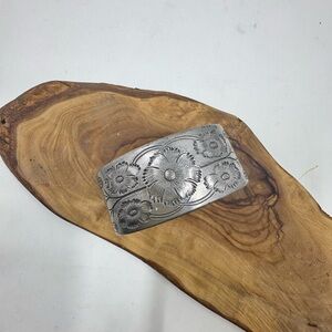 Signed October Cosmos Pewter Birth Flower Cuff Bracelet, by Salisbury Pewter.